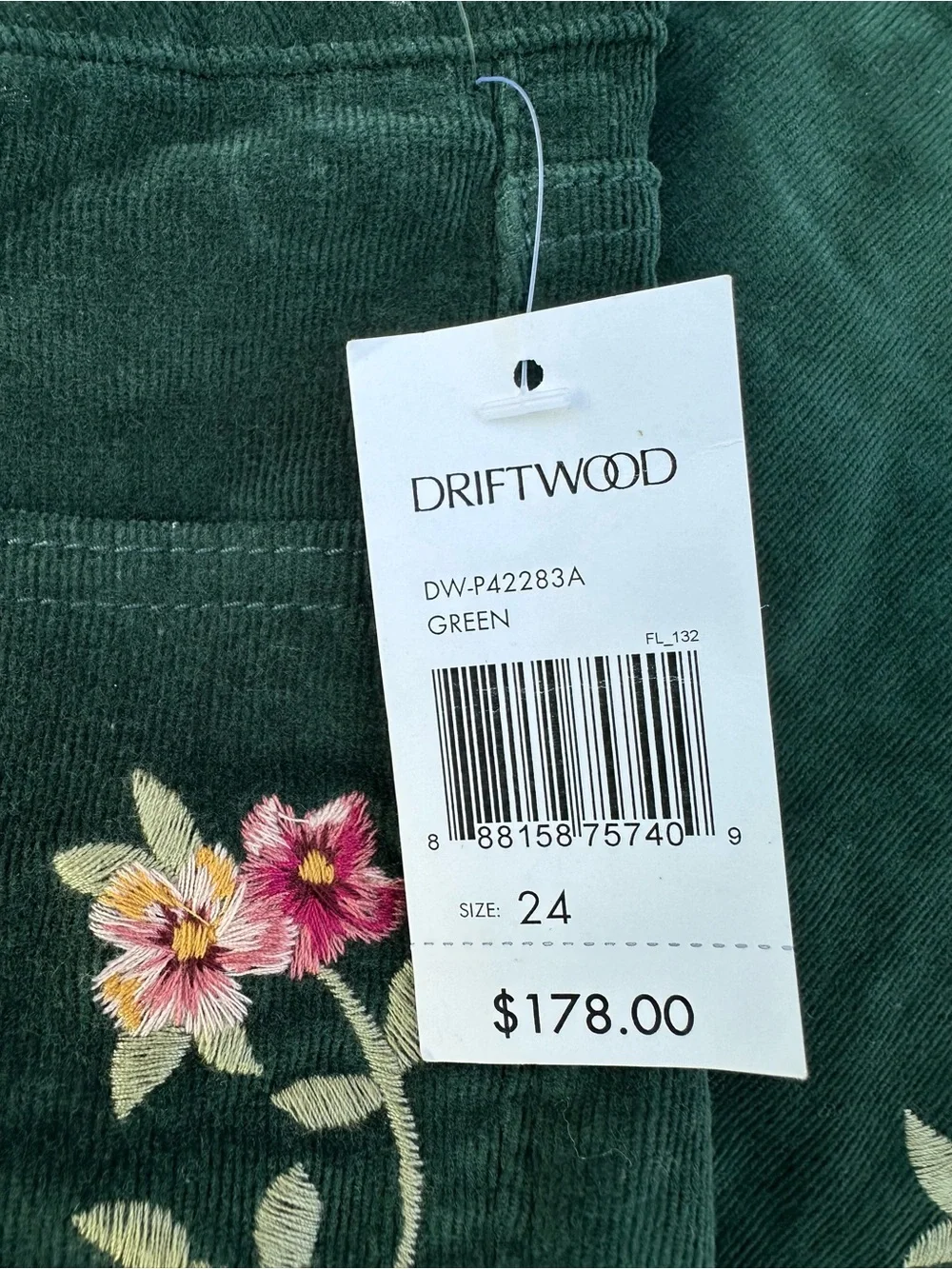 Driftwood Farrah Corduroy Embroidered Floral Flare Pants|Dark Green multi NWT~24 - Picture 6 of 6